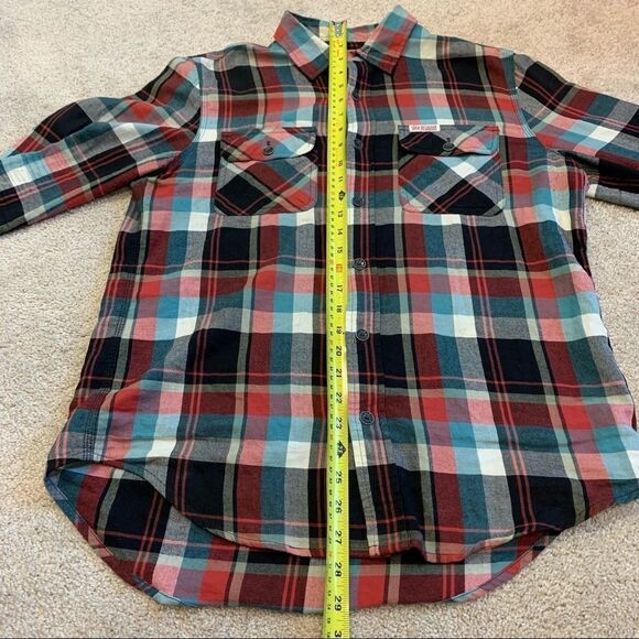TRUE Religion red teal plaid check flannel fleece button down shirt size 8 - Picture 7 of 9